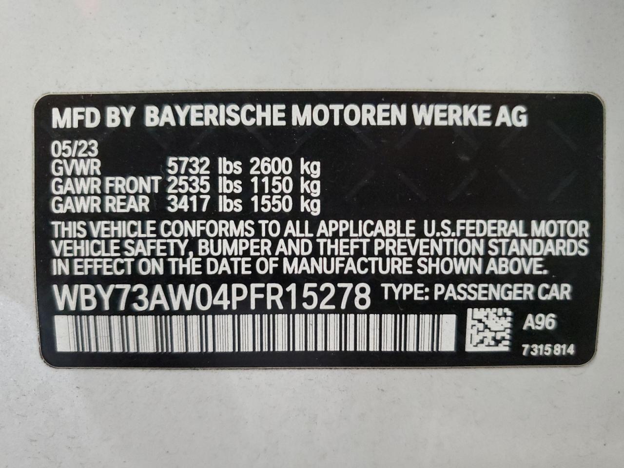 2023 BMW I4 Edrive 40 VIN: WBY73AW04PFR15278 Lot: 93364755