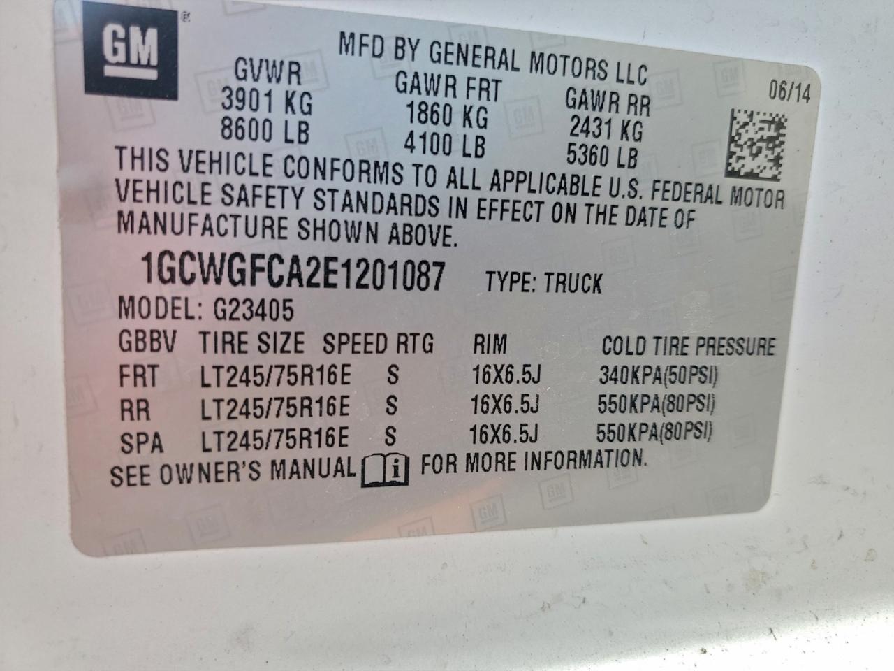 2014 Chevrolet Express G2500 VIN: 1GCWGFCA2E1201087 Lot: 93035895