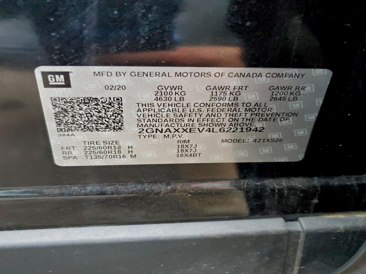 2020 Chevrolet Equinox Premier VIN: 2GNAXXEV4L6221942 Lot: 93936195