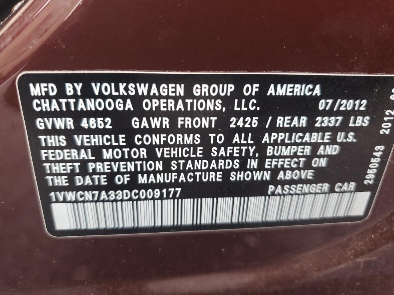 2013 Volkswagen Passat Sel VIN: 1VWCN7A33DC009177 Lot: 93654595