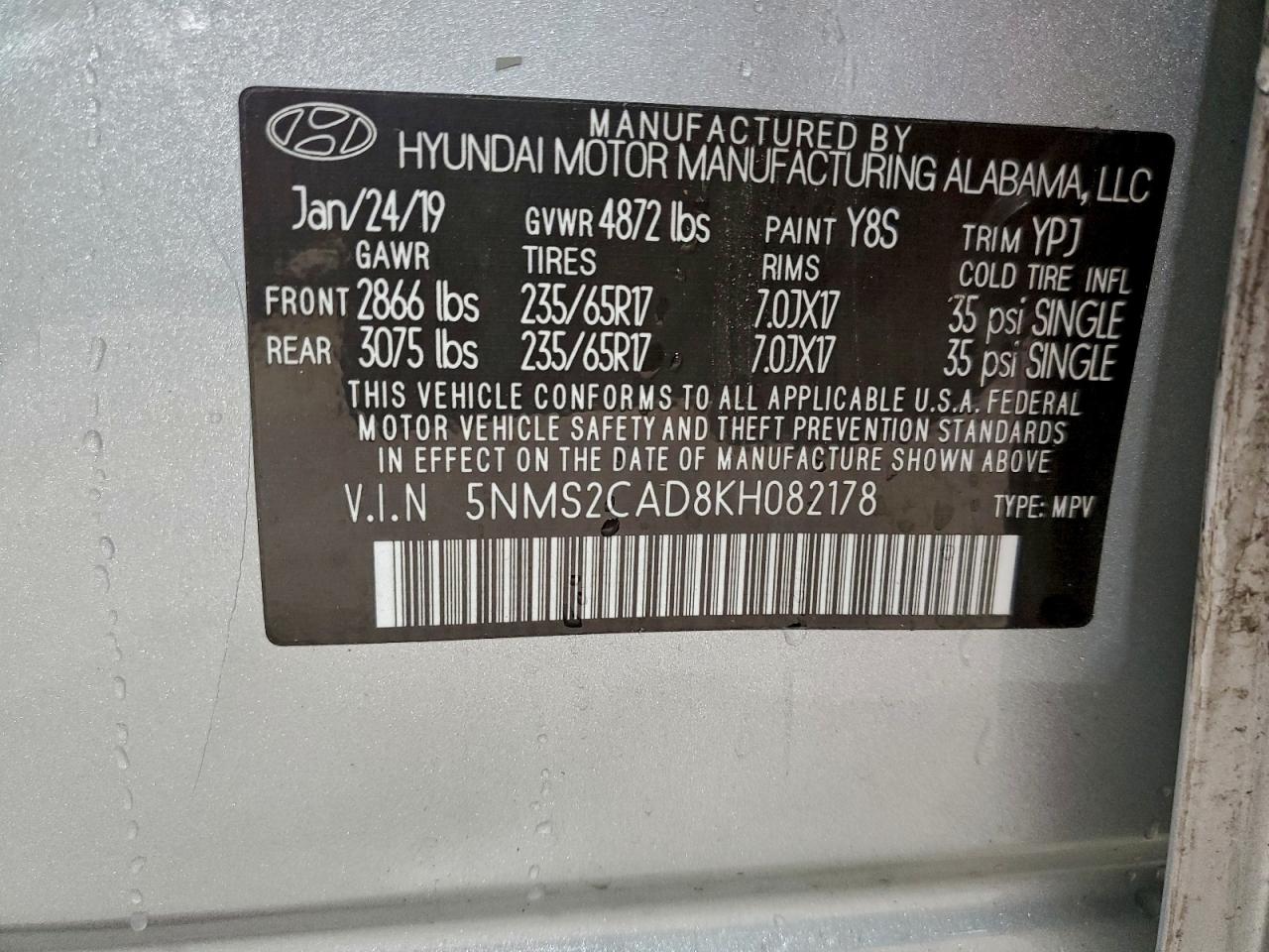 2019 Hyundai Santa Fe Se VIN: 5NMS2CAD8KH082178 Lot: 93390375