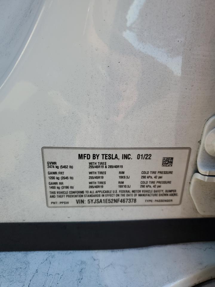 2022 Tesla Model S VIN: 5YJSA1E52NF467378 Lot: 92913085