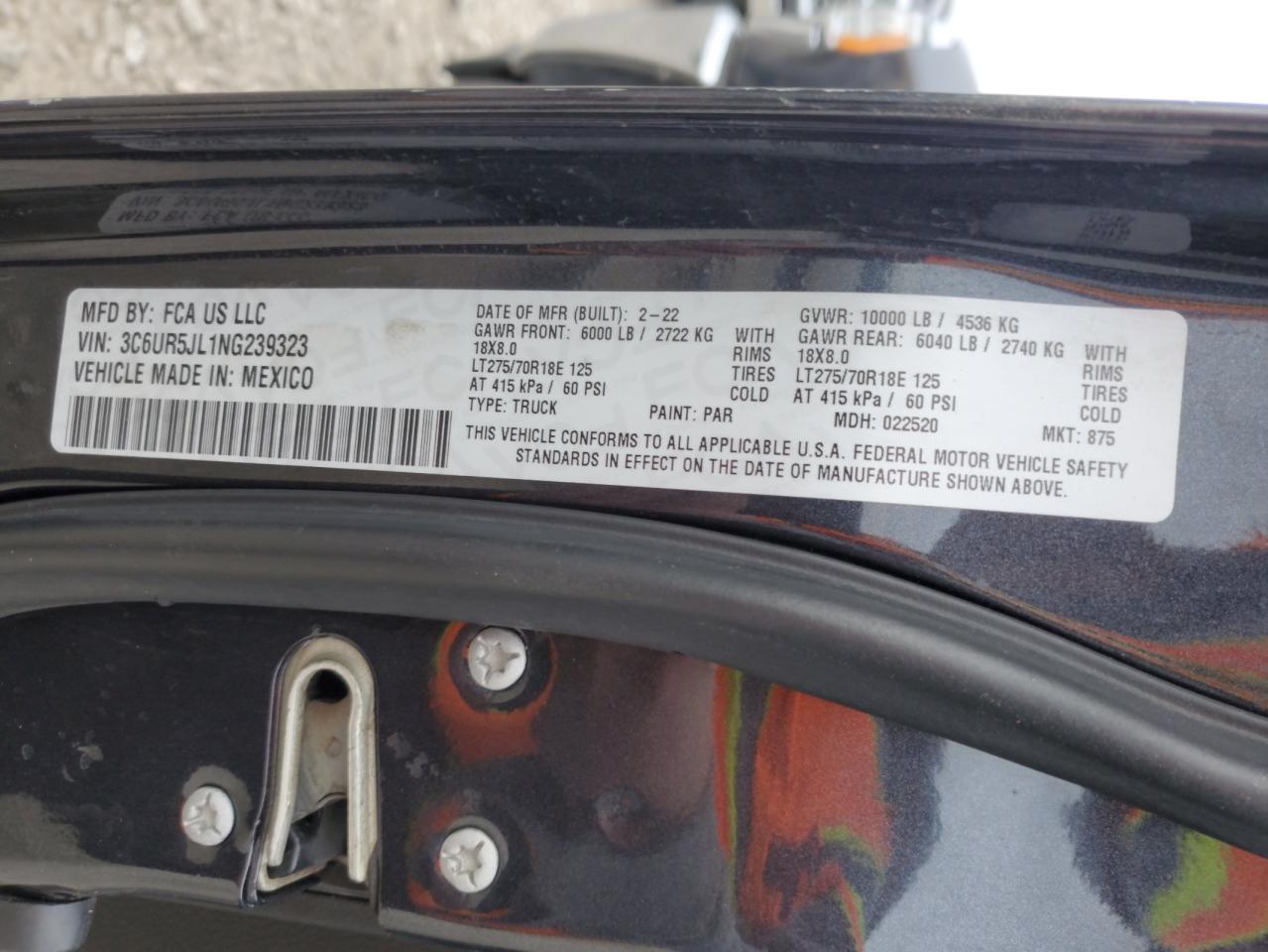 2022 Ram 2500 Big Horn/Lone Star VIN: 3C6UR5JL1NG239323 Lot: 91108185