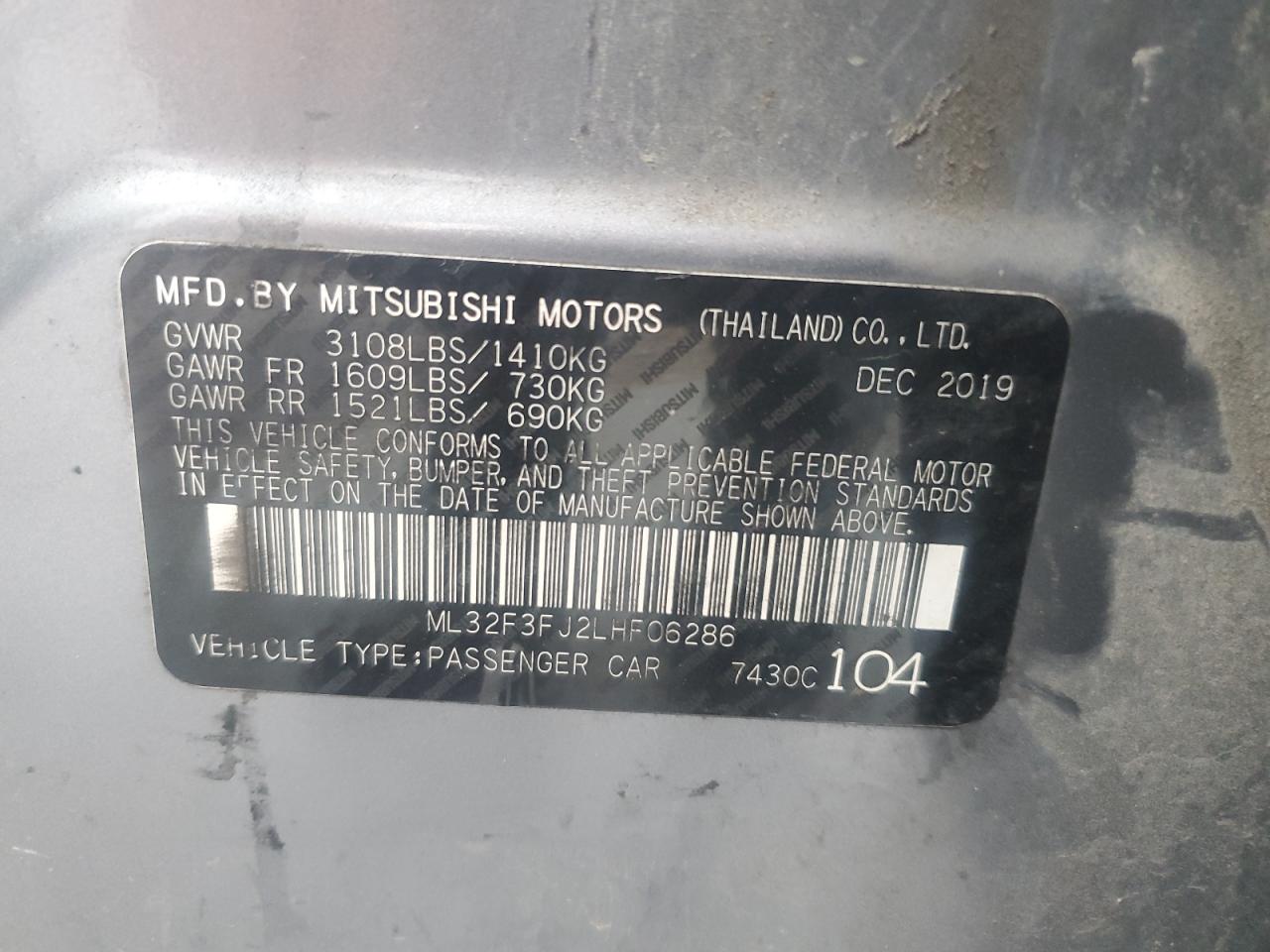 2020 Mitsubishi Mirage G4 Es VIN: ML32F3FJ2LHF06286 Lot: 93256525