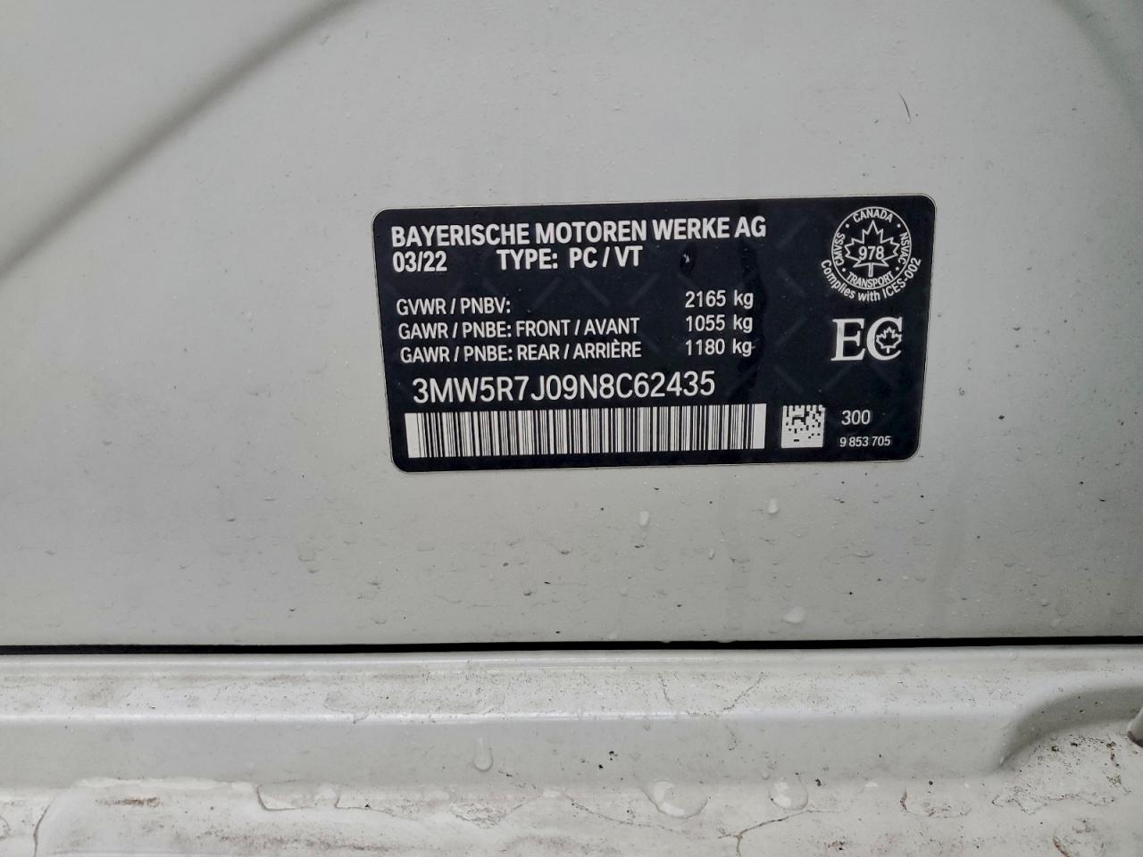 2022 BMW 330Xi VIN: 3MW5R7J09N8C62435 Lot: 91290255