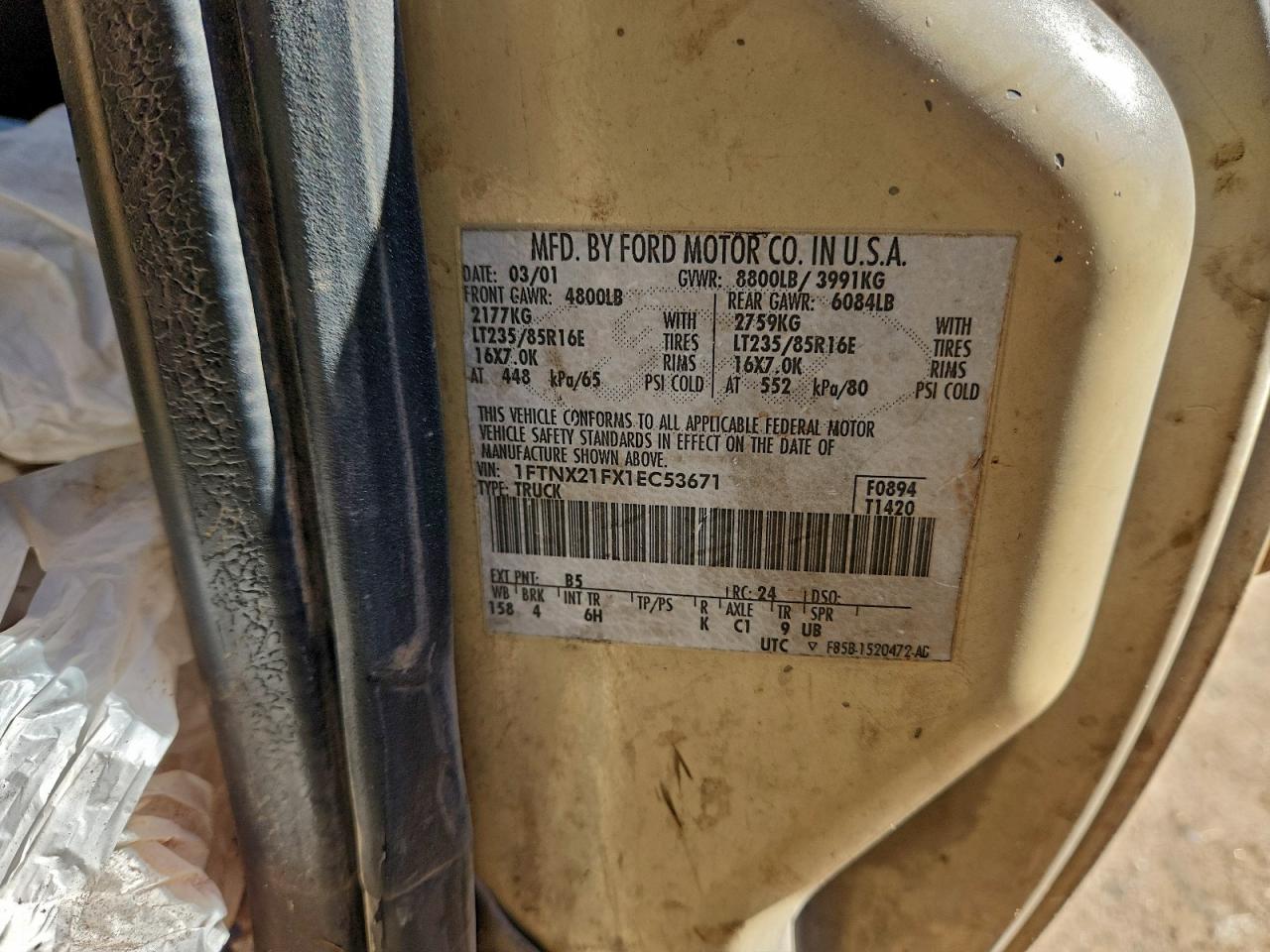 2001 Ford F250 Super Duty VIN: 1FTNX21FX1EC53671 Lot: 93874865