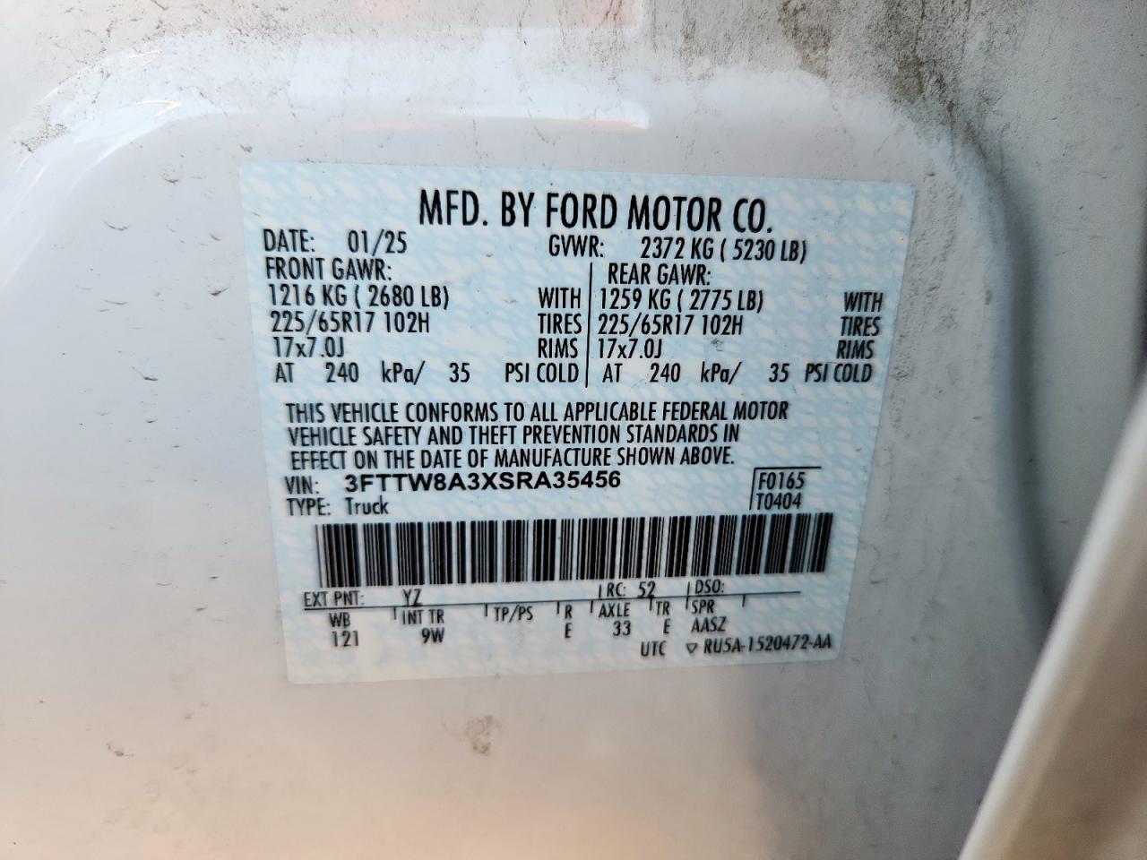 2025 Ford Maverick Xl VIN: 3FTTW8A3XSRA35456 Lot: 91866545