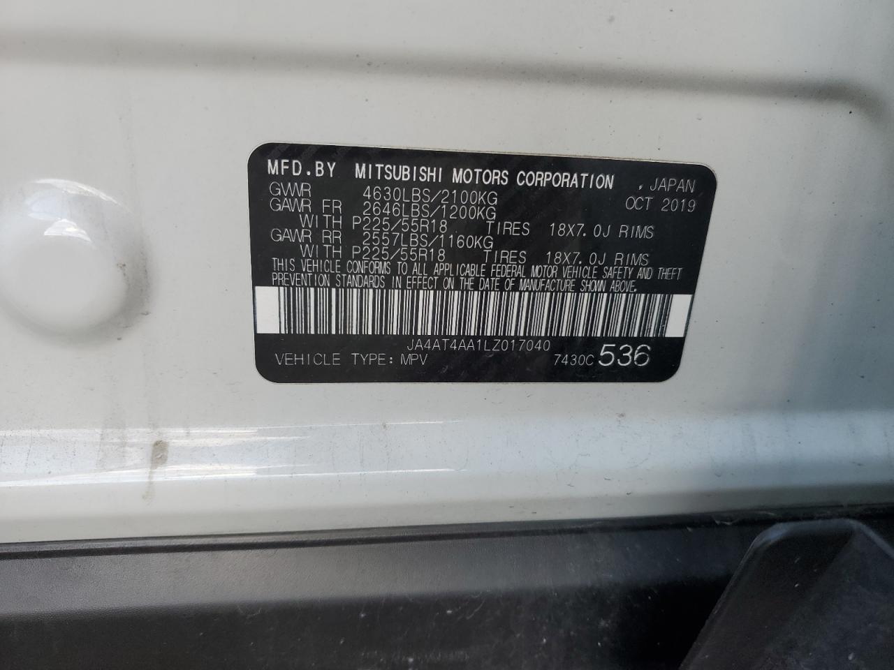 2020 Mitsubishi Eclipse Cross Le VIN: JA4AT4AA1LZ017040 Lot: 92466135