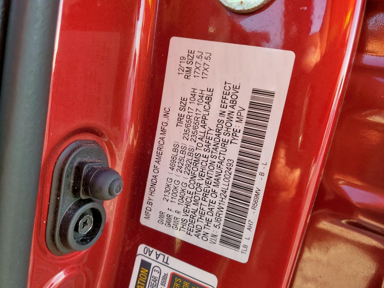 2020 Honda Cr-V Lx VIN: 5J6RW1H24LL002493 Lot: 91919255