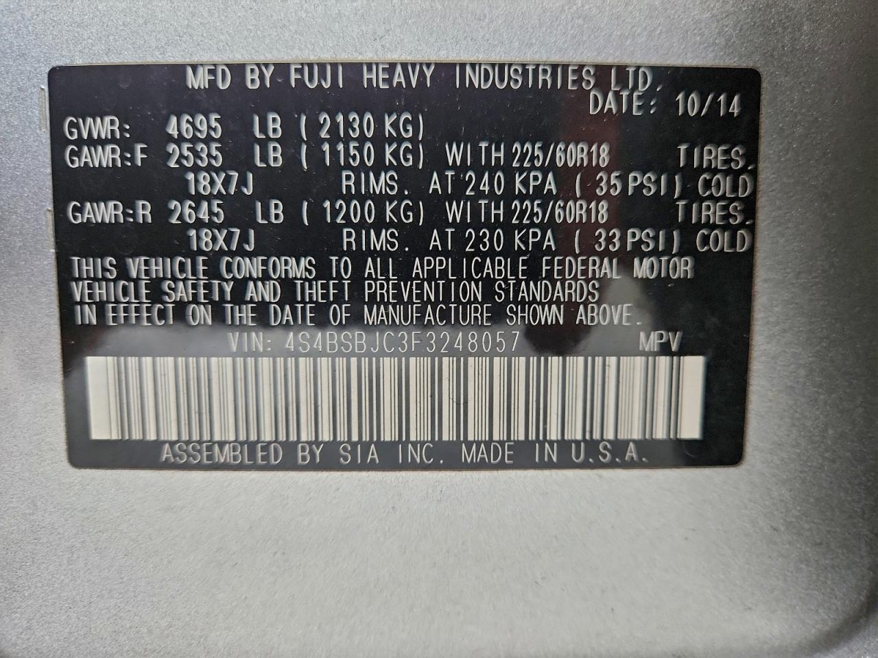 2015 Subaru Outback 2.5I Limited VIN: 4S4BSBJC3F3248057 Lot: 93456625