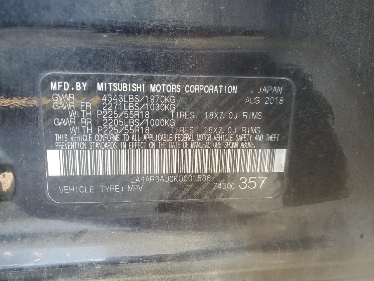 2019 Mitsubishi Outlander Sport Es VIN: JA4AR3AU0KU001586 Lot: 93187015