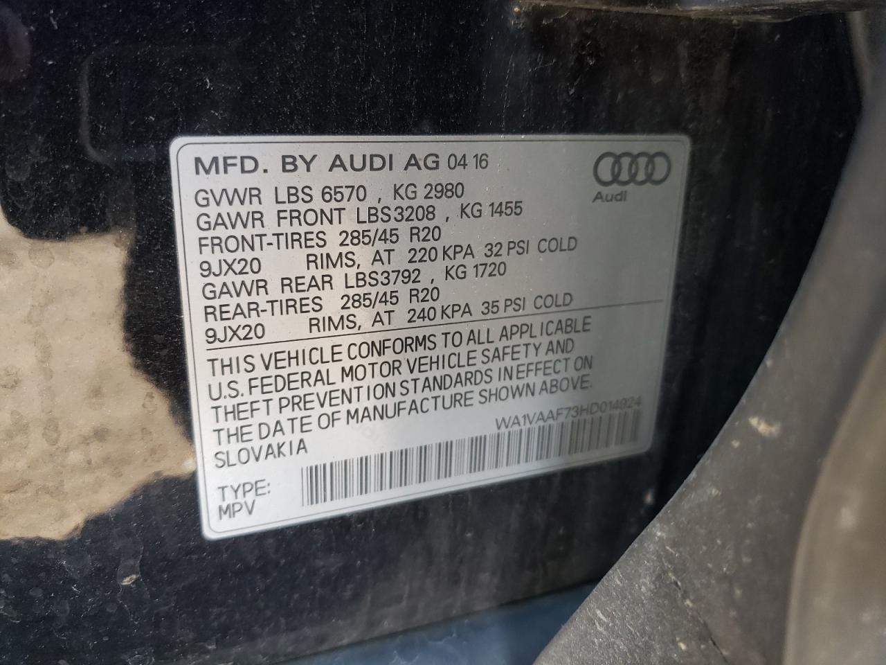 2017 Audi Q7 Prestige VIN: WA1VAAF73HD014924 Lot: 92859675