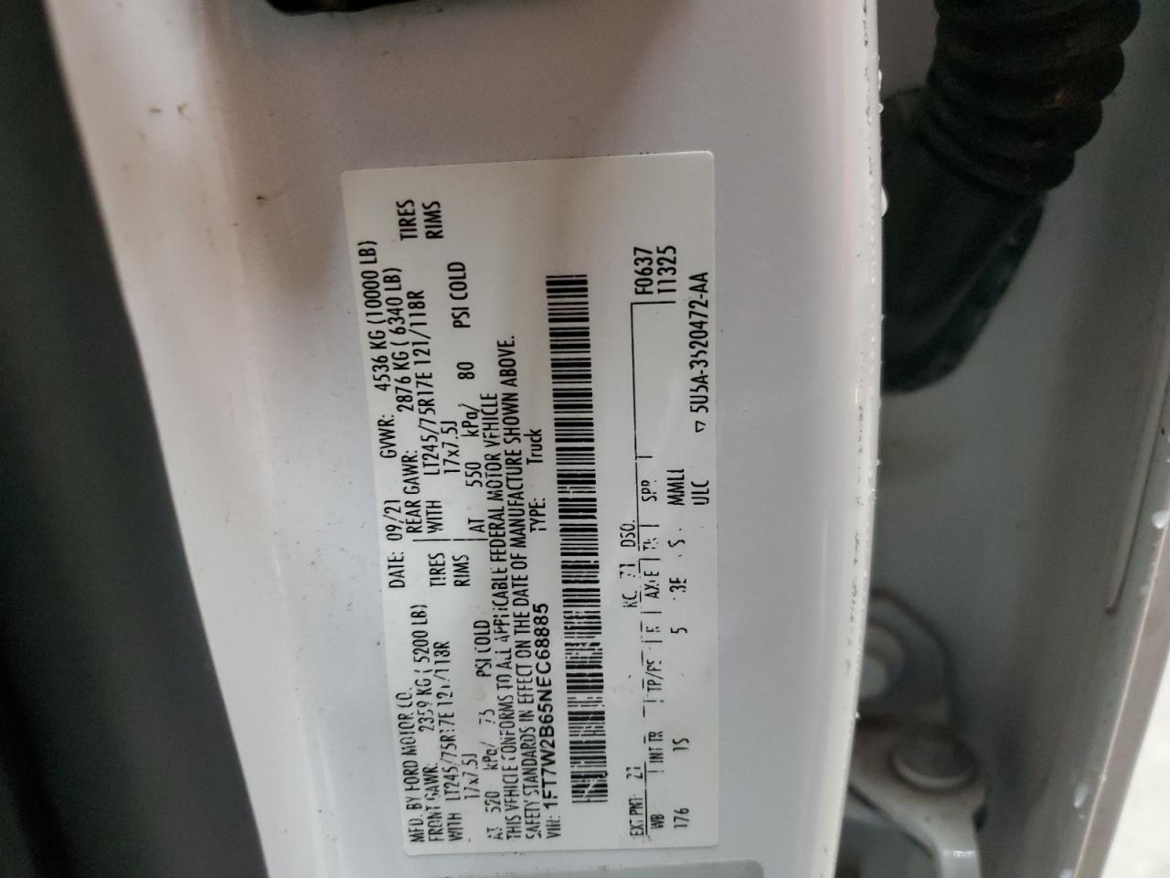 2022 Ford F250 Super Duty Utility / Service Truck VIN: 1FT7W2B65NEC68885 Lot: 93238325