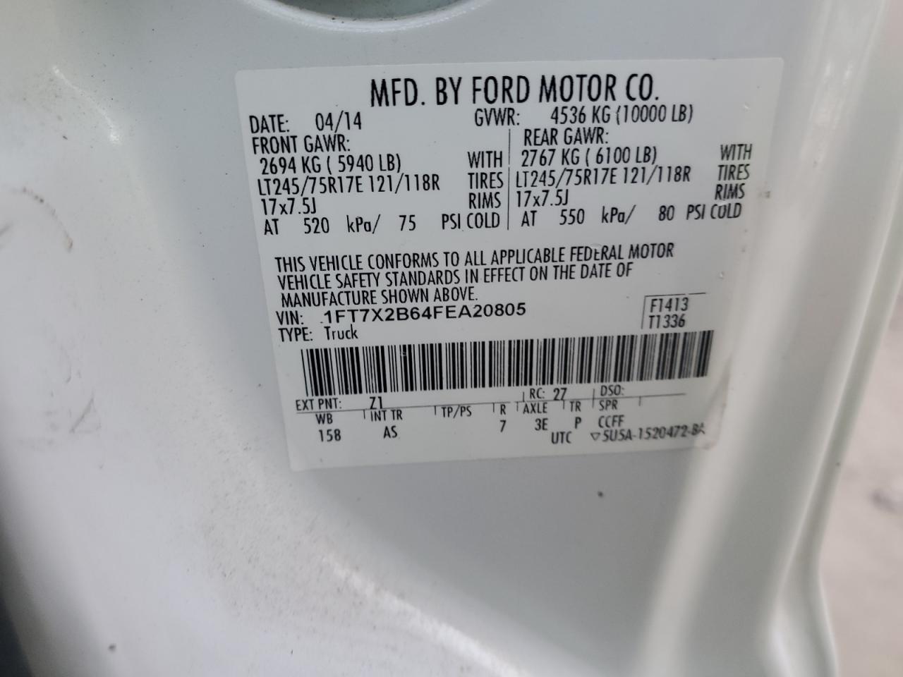 2015 Ford F250 Super Duty VIN: 1FT7X2B64FEA20805 Lot: 92371045