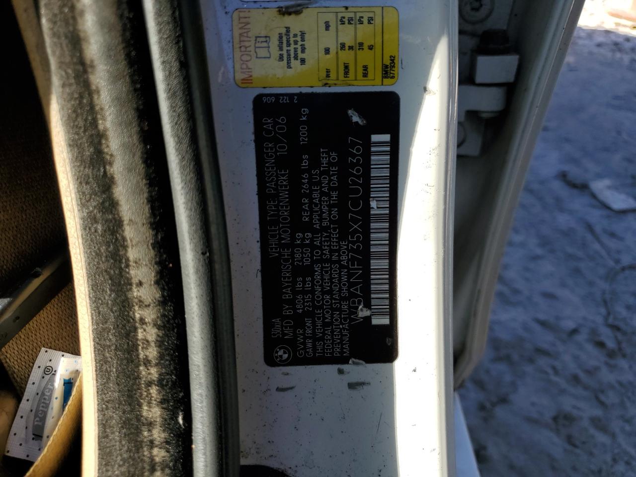 2007 BMW 530 Xi VIN: WBANF735X7CU26367 Lot: 91098395