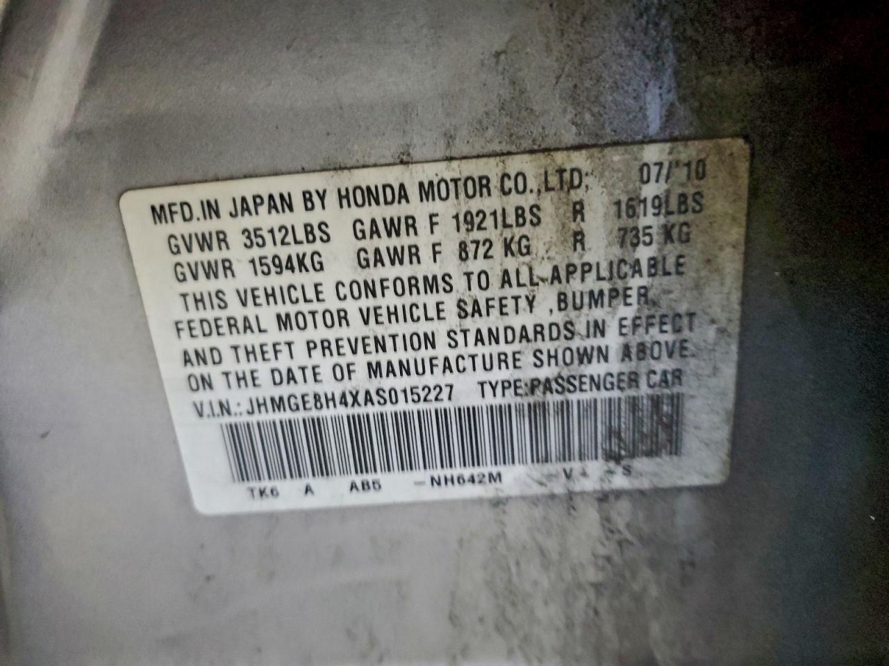 2010 Honda Fit Sport VIN: JHMGE8H4XAS015227 Lot: 94165725