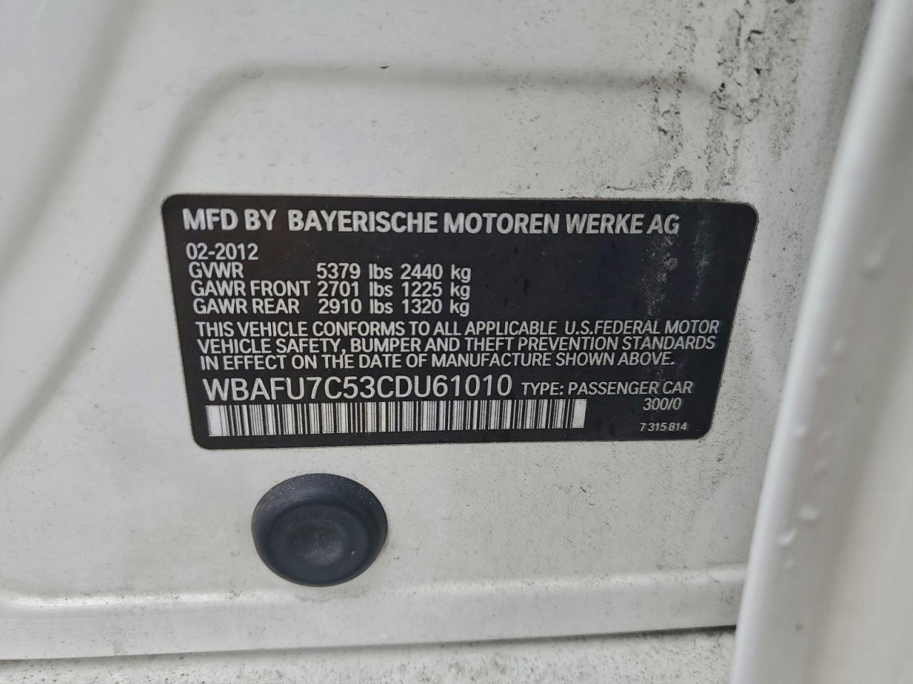 2012 BMW 535 Xi VIN: WBAFU7C53CDU61010 Lot: 94265435