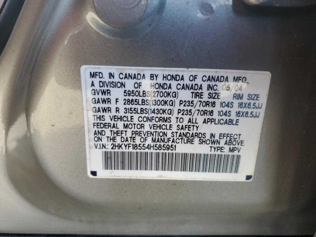 2004 Honda Pilot Exl VIN: 2HKYF18554H585951 Lot: 93362865