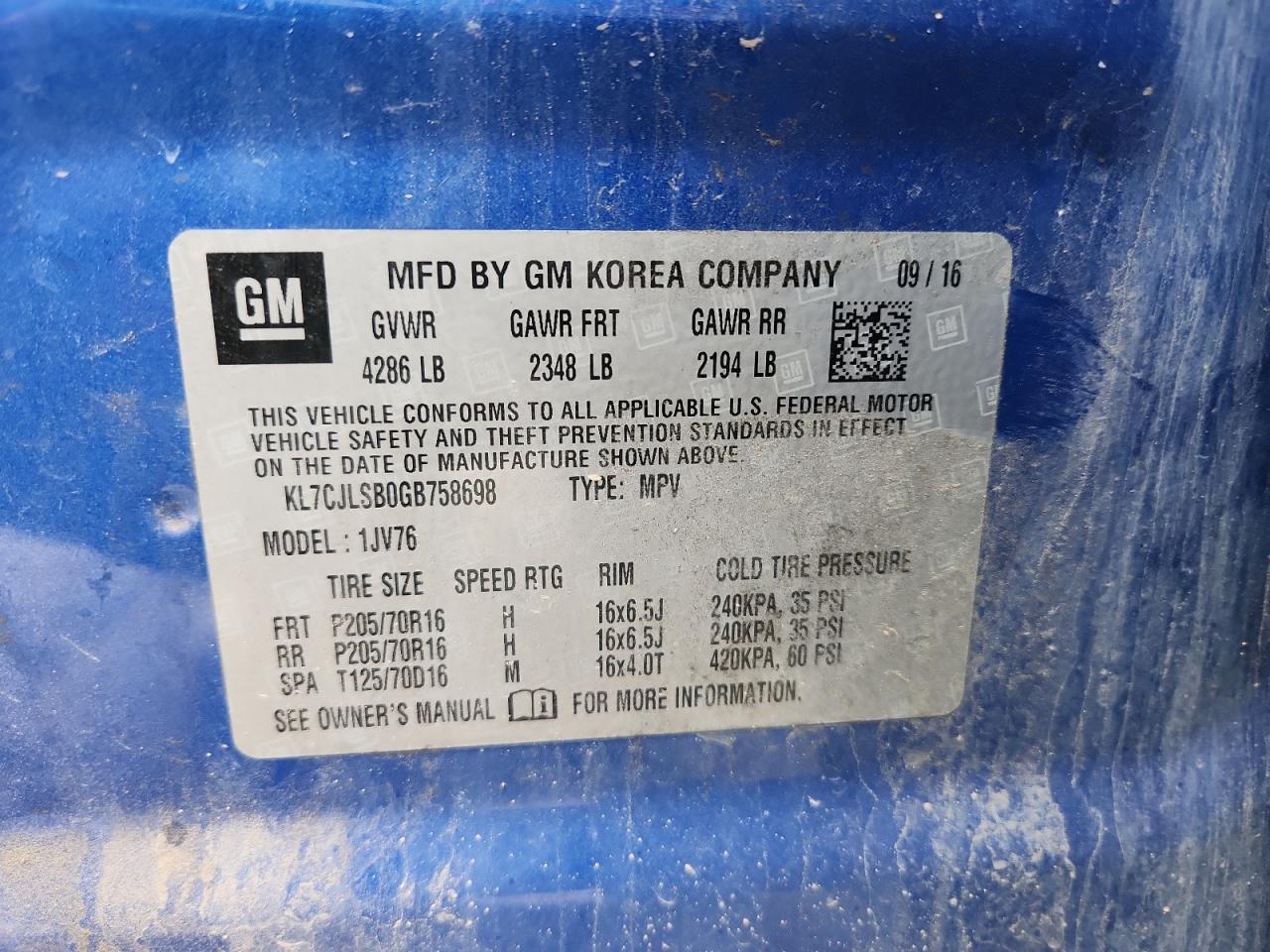 2016 Chevrolet Trax 1Lt VIN: KL7CJLSB0GB758698 Lot: 92922545