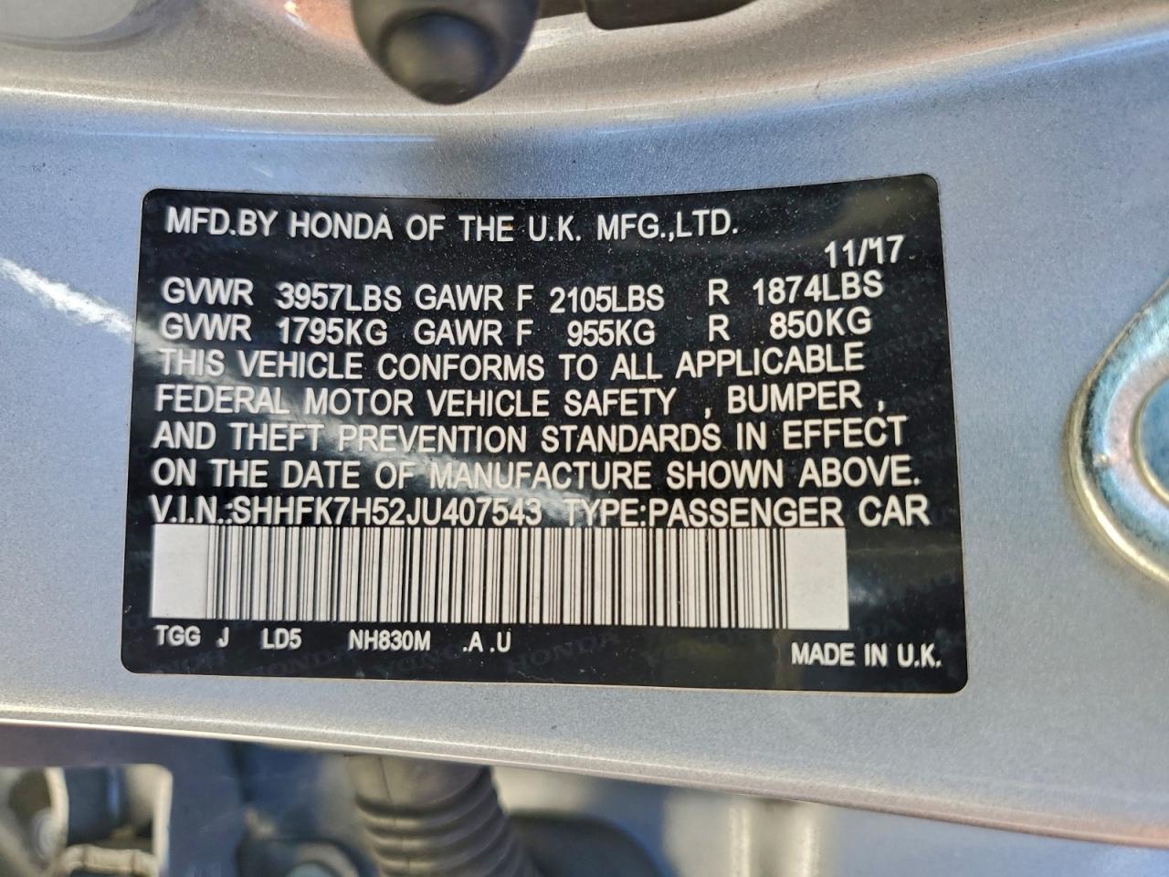 2018 Honda Civic Ex VIN: SHHFK7H52JU407543 Lot: 94810215