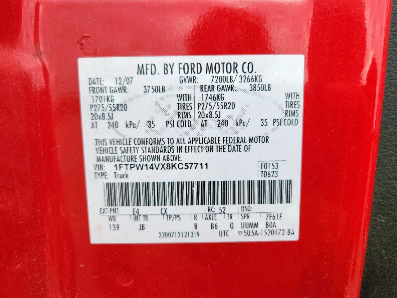 2008 Ford F150 Supercrew VIN: 1FTPW14VX8KC57711 Lot: 93336985