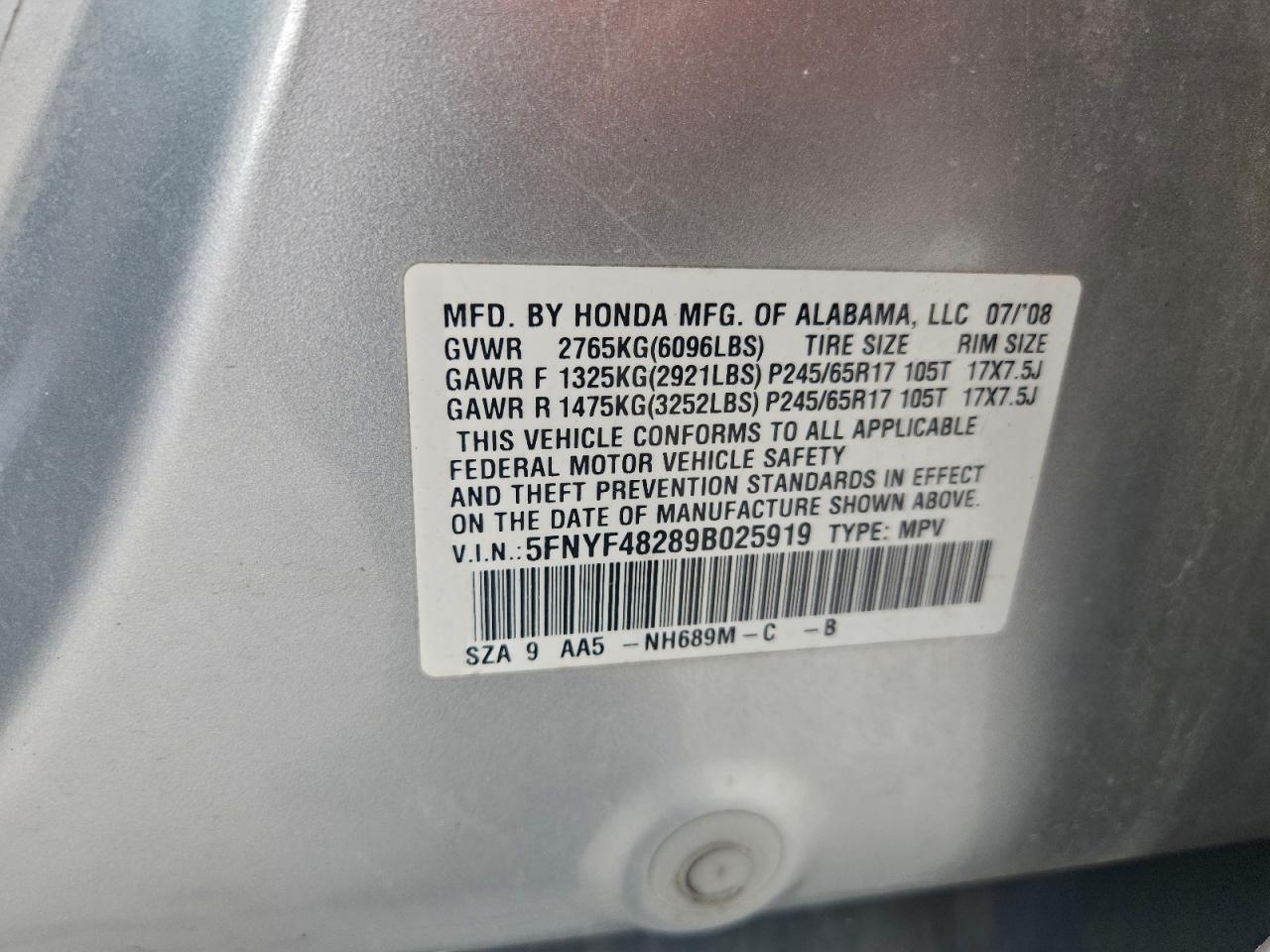 2009 Honda Pilot Lx VIN: 5FNYF48289B025919 Lot: 93046055