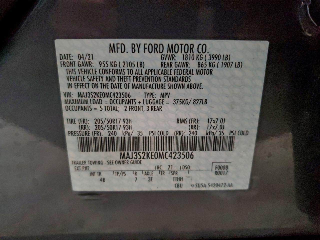 2021 Ford Ecosport Titanium VIN: MAJ3S2KE0MC423506 Lot: 93879105
