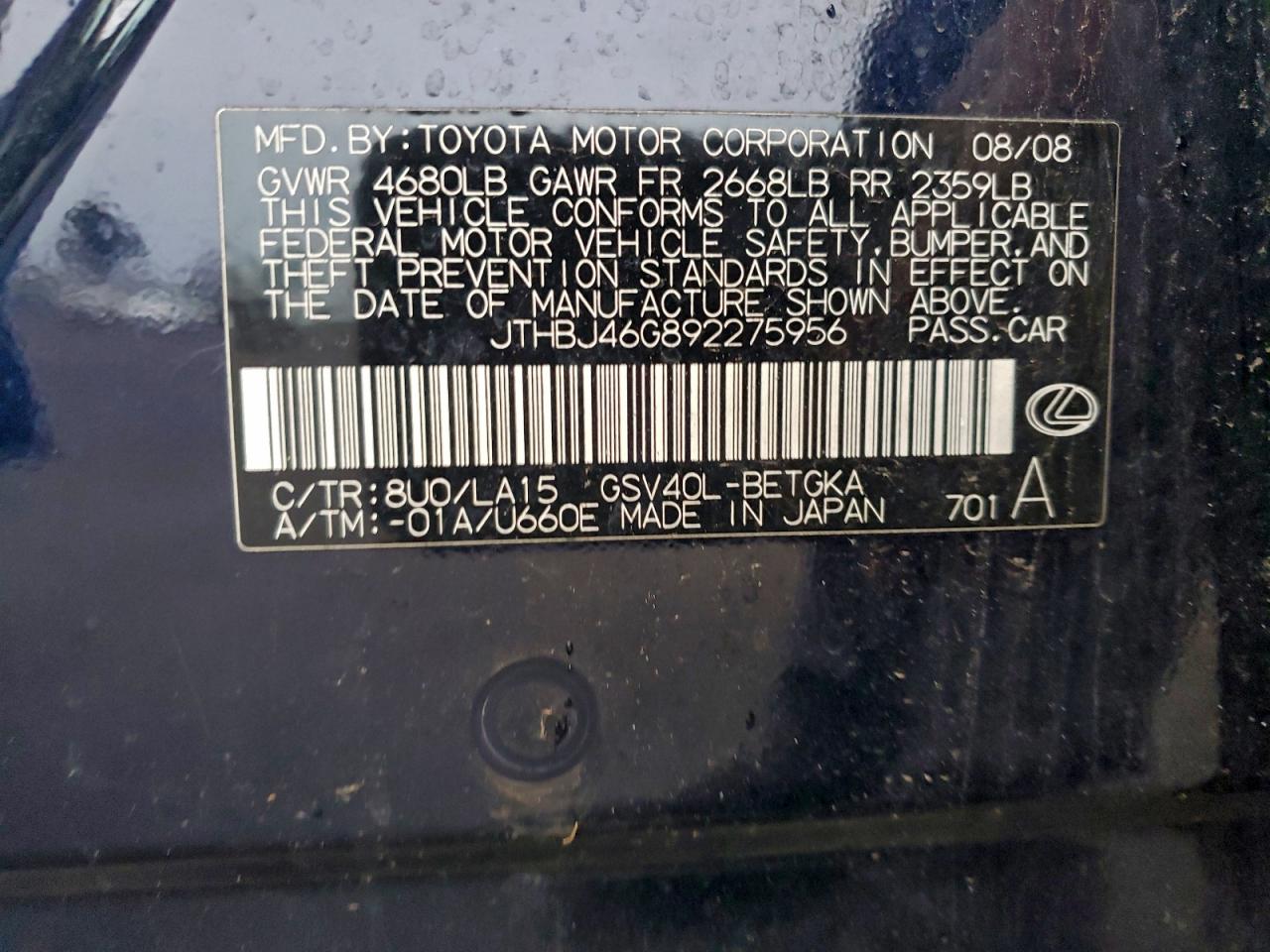 2009 Lexus Es 350 VIN: JTHBJ46G892275956 Lot: 94684075