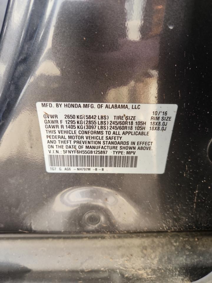 2016 Honda Pilot Exl VIN: 5FNYF6H55GB125897 Lot: 92350005