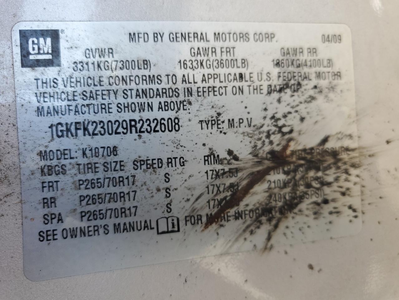 2009 GMC Yukon Sle VIN: 1GKFK23029R232608 Lot: 90775955