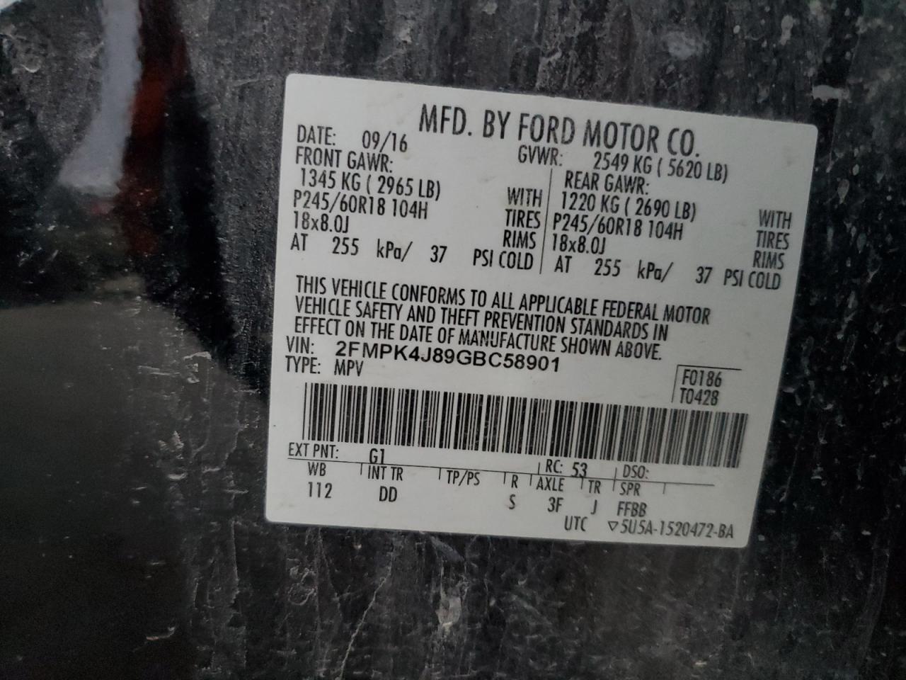 2016 Ford Edge Sel VIN: 2FMPK4J89GBC58901 Lot: 93099715