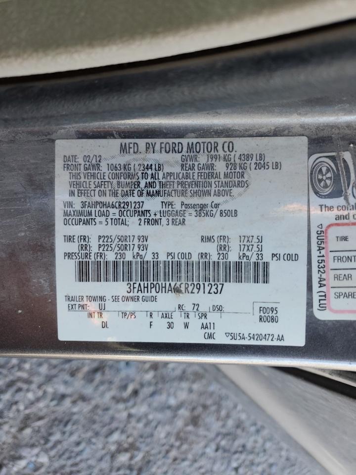 2012 Ford Fusion Se VIN: 3FAHP0HA6CR291237 Lot: 92884015