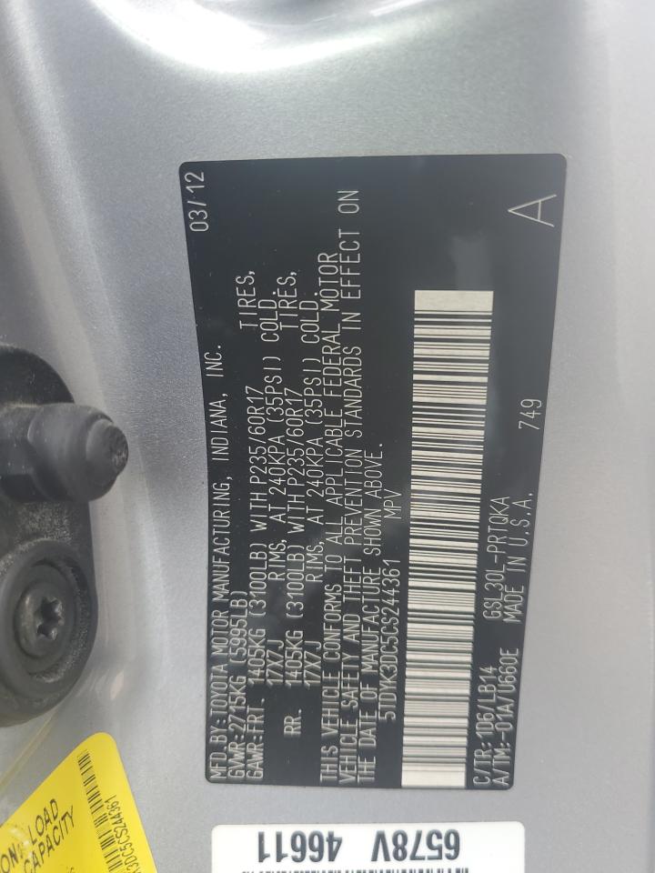 2012 Toyota Sienna Xle VIN: 5TDYK3DC5CS244361 Lot: 92138635