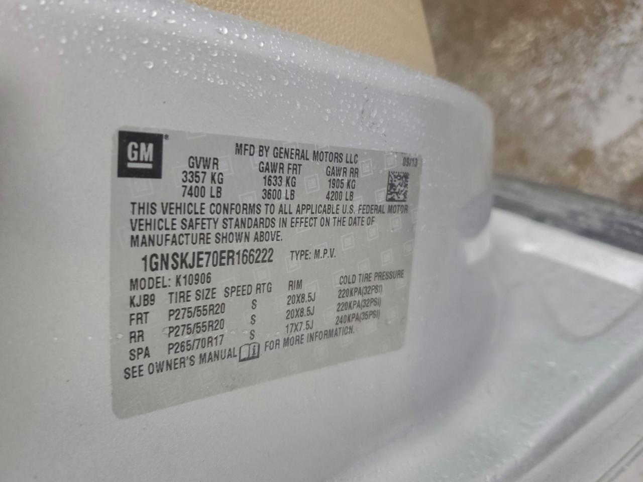 2014 Chevrolet Suburban K1500 Lt VIN: 1GNSKJE70ER166222 Lot: 93941715