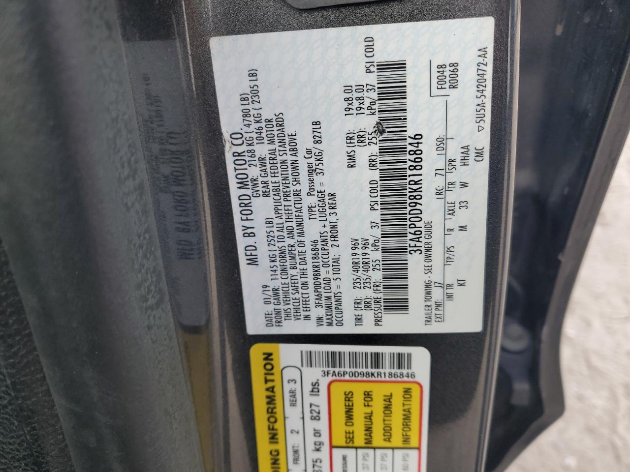 2019 Ford Fusion Titanium VIN: 3FA6P0D98KR186846 Lot: 93051775