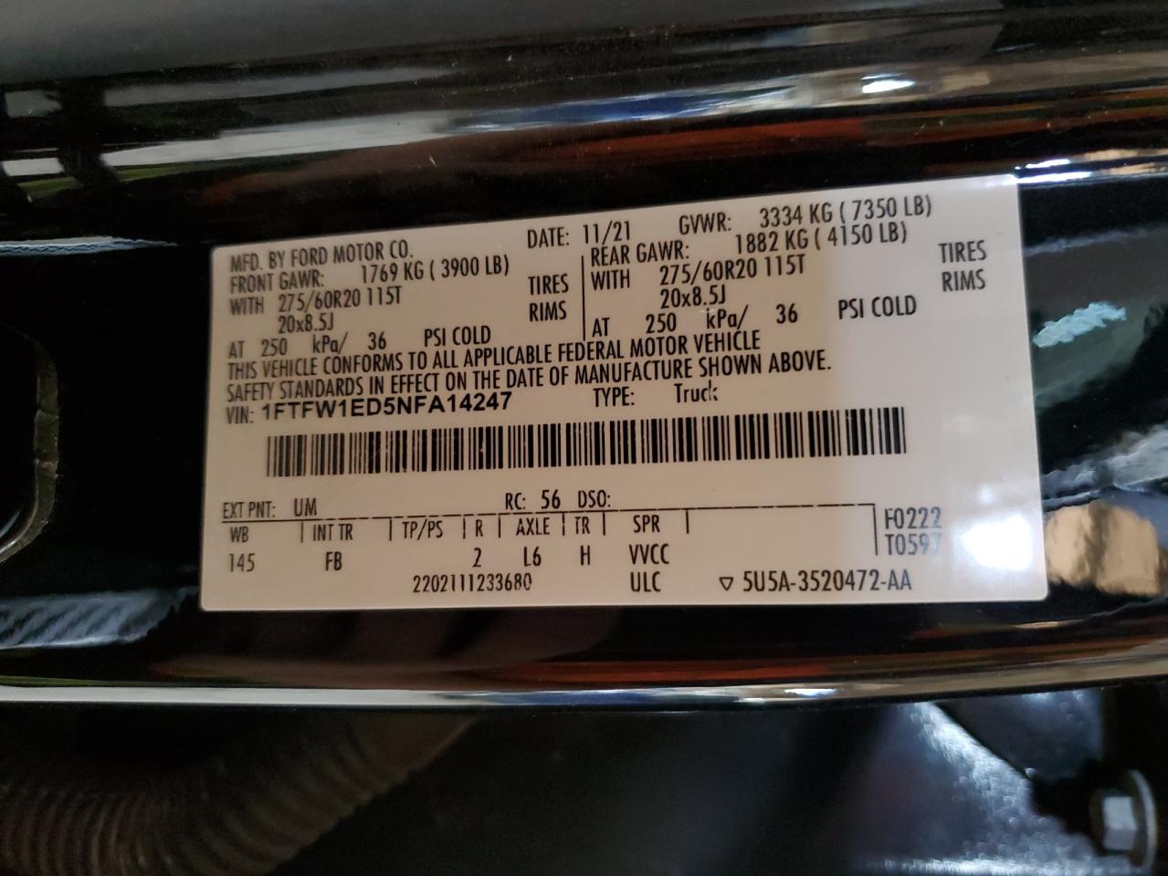 2022 Ford F150 Supercrew VIN: 1FTFW1ED5NFA14247 Lot: 92466035