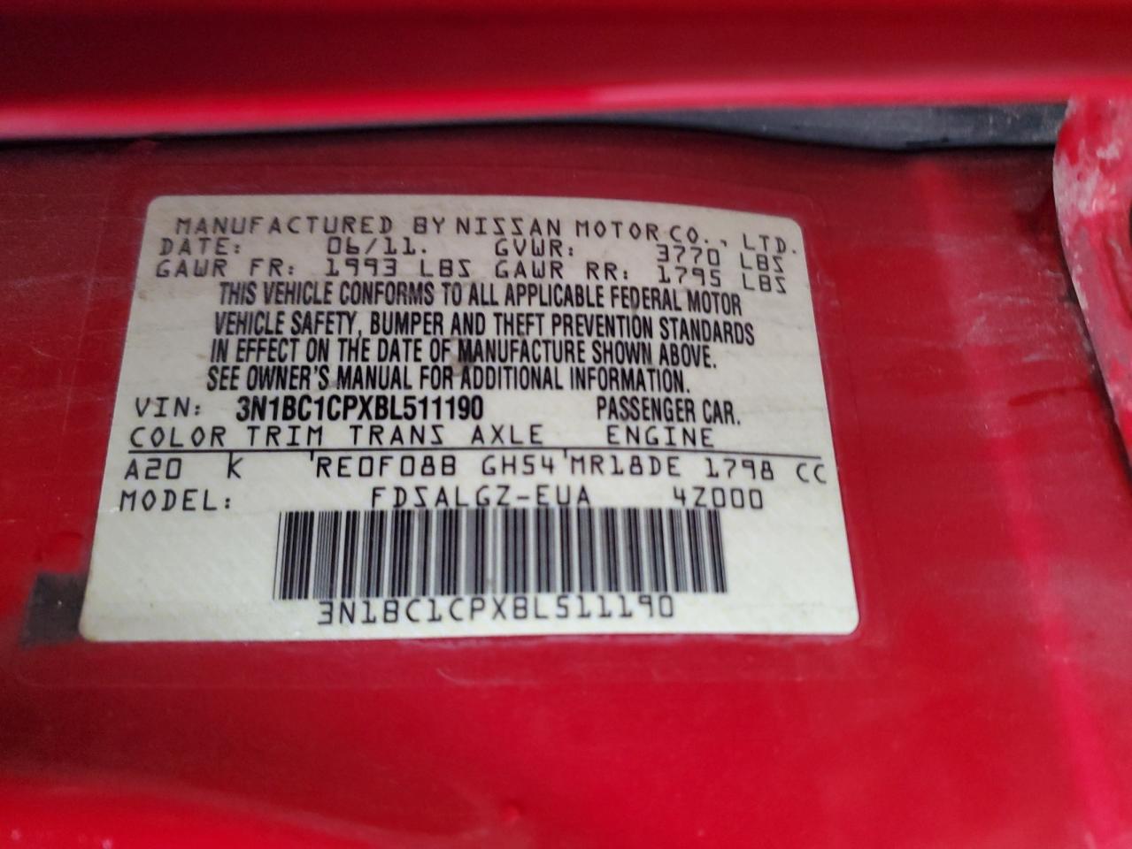 2011 Nissan Versa S VIN: 3N1BC1CPXBL511190 Lot: 93727365