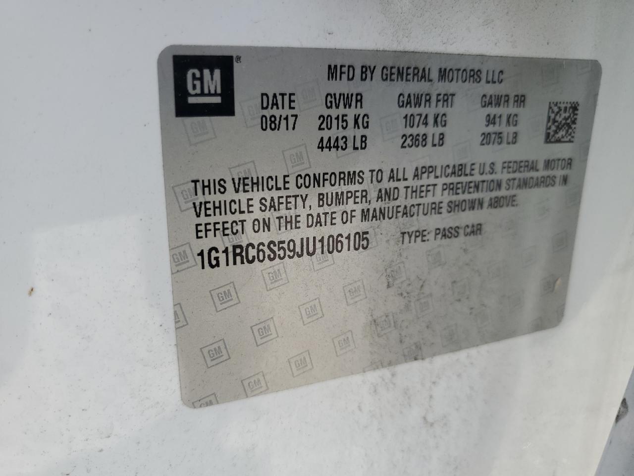 2018 Chevrolet Volt Lt VIN: 1G1RC6S59JU106105 Lot: 91642295