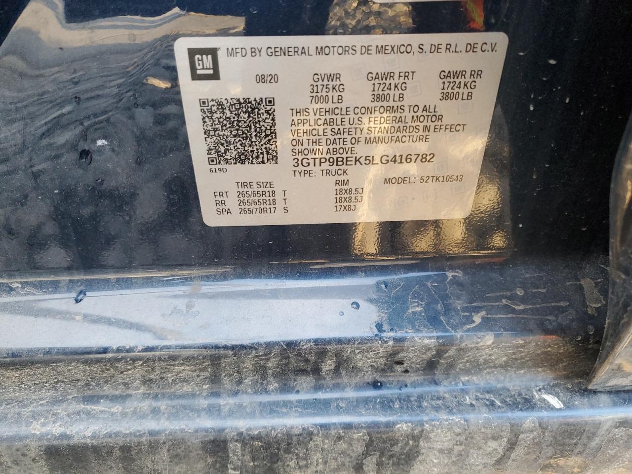 2020 GMC Sierra K1500 Sle VIN: 3GTP9BEK5LG416782 Lot: 91301795