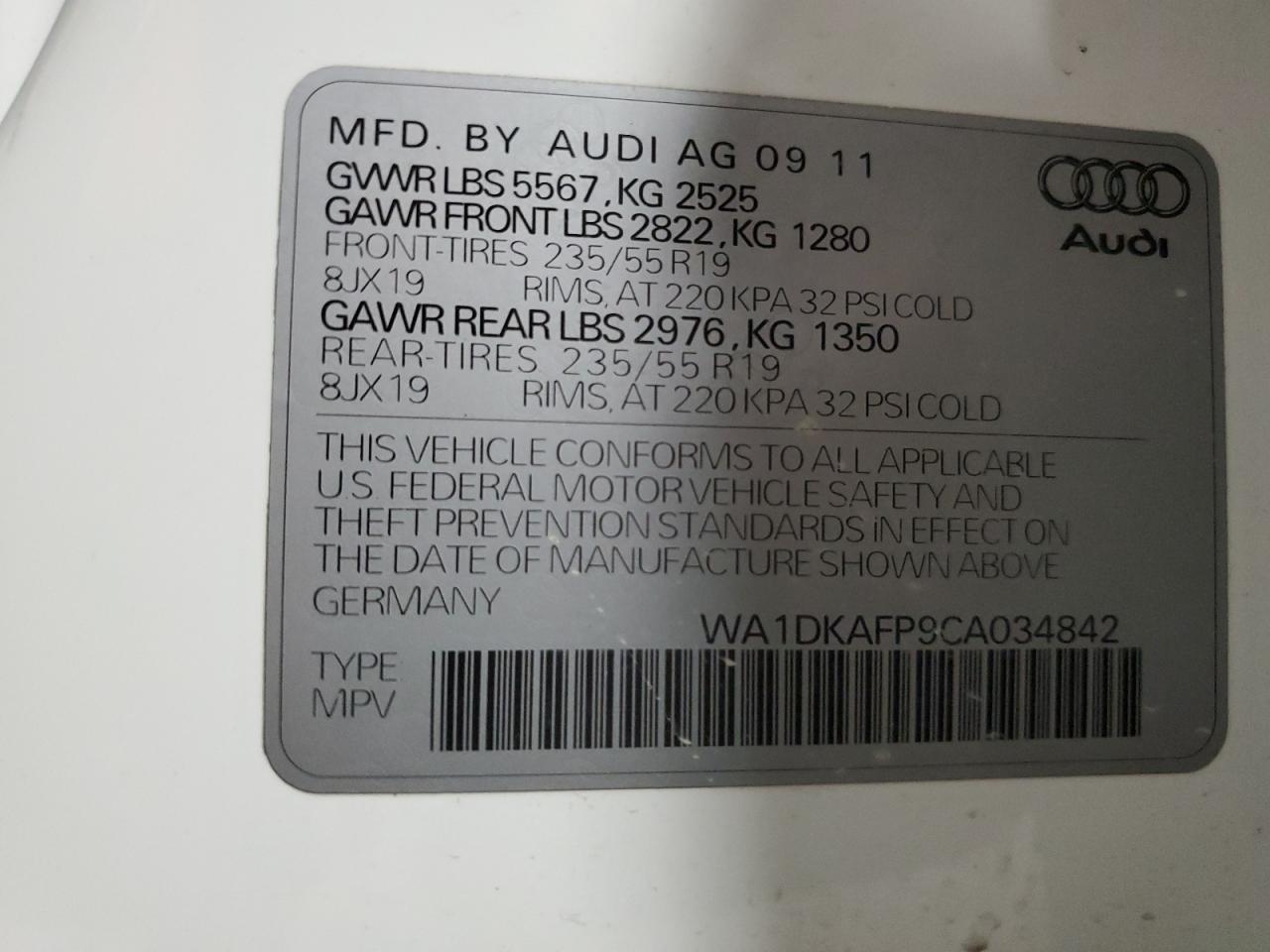 2012 Audi Q5 Premium Plus VIN: WA1DKAFP9CA034842 Lot: 91833395