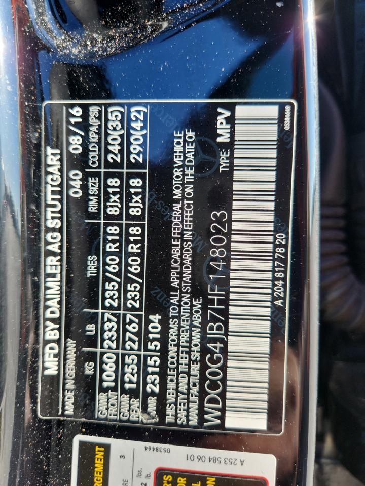 2017 Mercedes-Benz Glc 300 VIN: WDC0G4JB7HF148023 Lot: 91488105