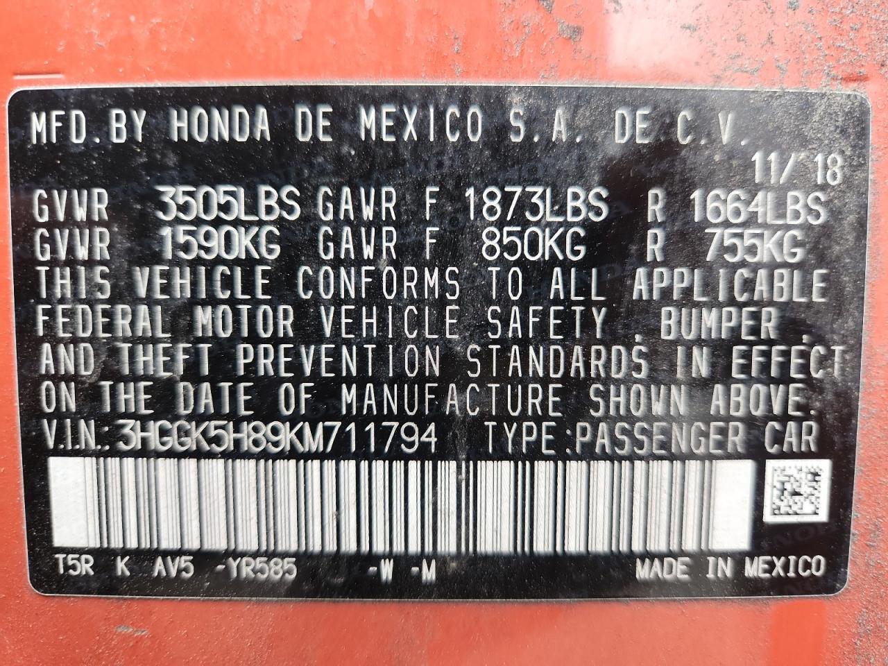 2019 Honda Fit Ex VIN: 3HGGK5H89KM711794 Lot: 92366125