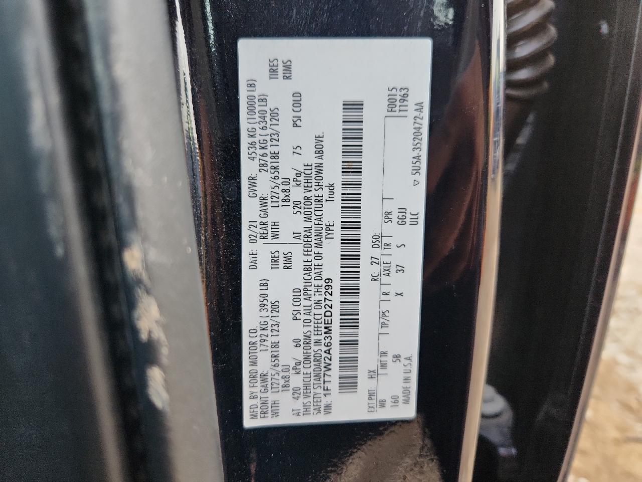 2021 Ford F250 Super Duty VIN: 1FT7W2A63MED27299 Lot: 93201735