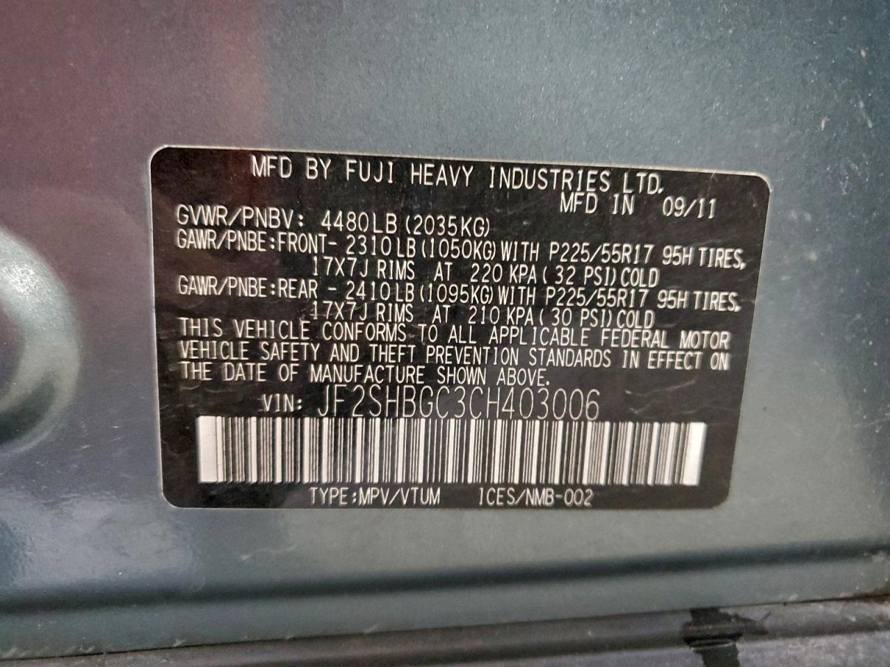 2012 Subaru Forester Touring VIN: JF2SHBGC3CH403006 Lot: 94067095