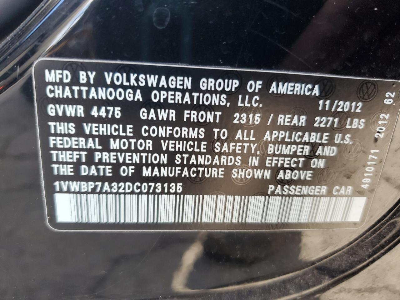 2013 Volkswagen Passat Se VIN: 1VWBP7A32DC073135 Lot: 92922275