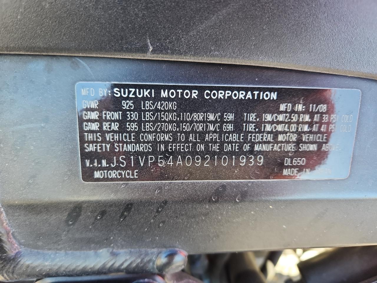 2009 Suzuki Dl650 VIN: JS1VP54A092101939 Lot: 87061585
