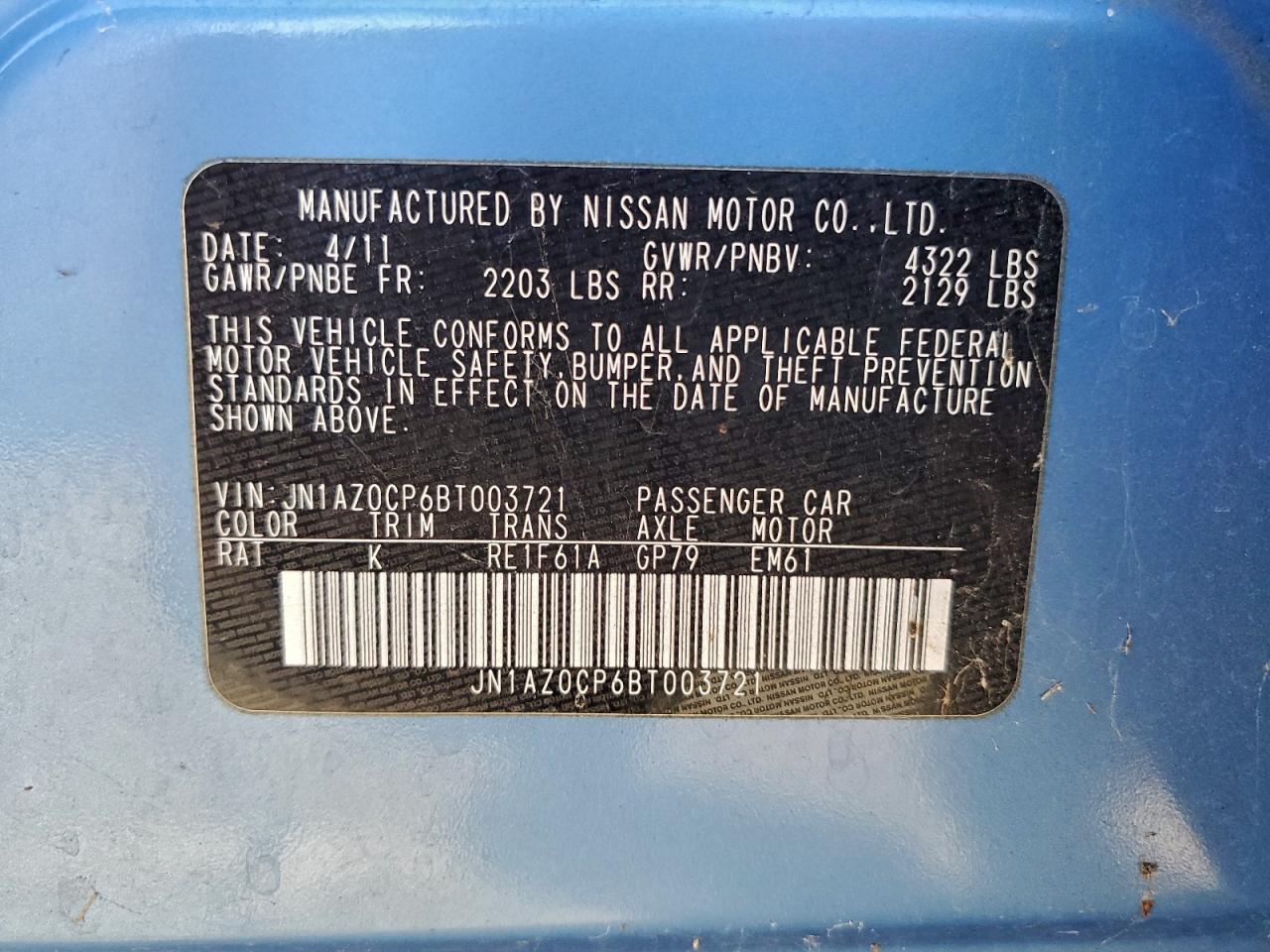 2011 Nissan Leaf Sv VIN: JN1AZ0CP6BT003721 Lot: 93232755