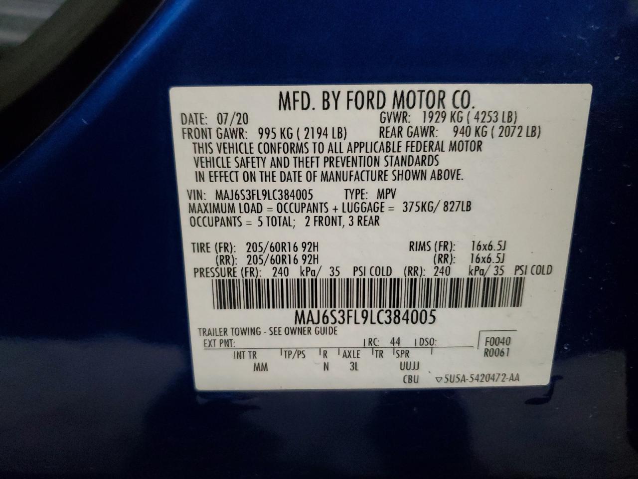 2020 Ford Ecosport S VIN: MAJ6S3FL9LC384005 Lot: 93178375