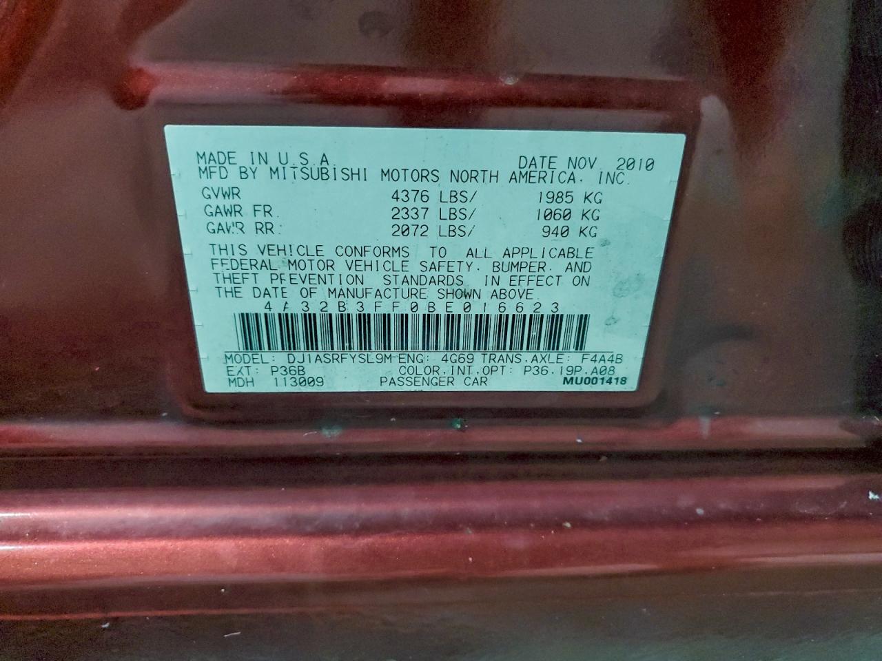 2011 Mitsubishi Galant Es VIN: 4A32B3FF0BE016623 Lot: 94070075