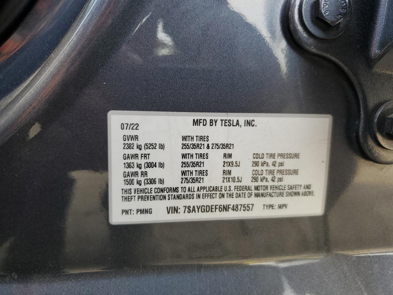 2022 Tesla Model Y VIN: 7SAYGDEF6NF487557 Lot: 91831595